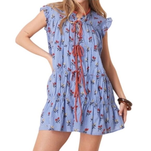 Free People Sundown Print Tunic Mini Dress M Allure Blue Combo Floral Button Tie - Picture 1 of 12